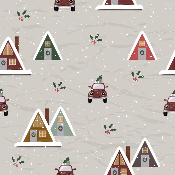 Vintage Navidad textura sin costuras de Nueva Colección. Acogedoras casas triangulares de estilo escandinavo. — Vector de stock