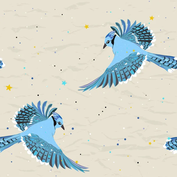 Patrón sin costuras de la nueva colección con aves. Vuelo del arrendajo azul. — Vector de stock