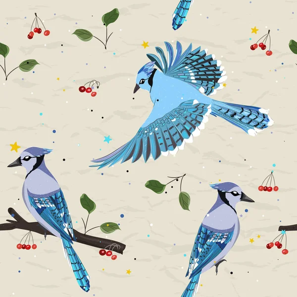 Modèle sans couture de la nouvelle collection avec des oiseaux. Geai bleu. — Image vectorielle