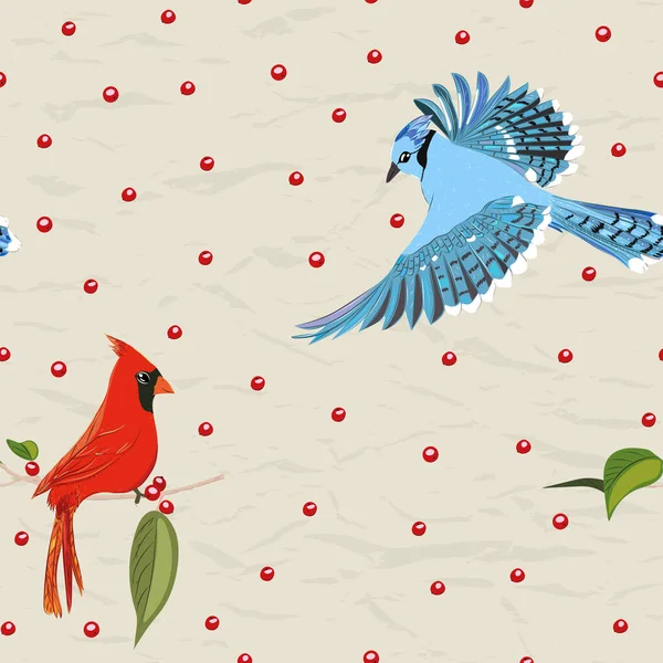 Płynny wzór z nowej kolekcji z ptakami. Czerwony kardynał i niebieski sójka. — Wektor stockowy