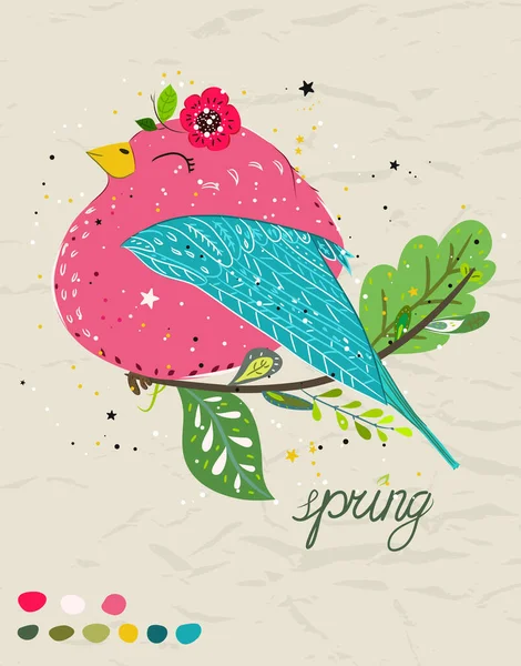 カラフルなパレットにかわいい漫画の鳥と春のポスター。手描きの北欧風ベクトル幼稚なイラスト. — ストックベクタ