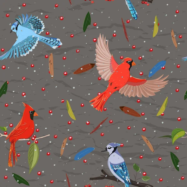 Seamless pattern from collection with blue jay and red cardinal birds. — Stock Vector