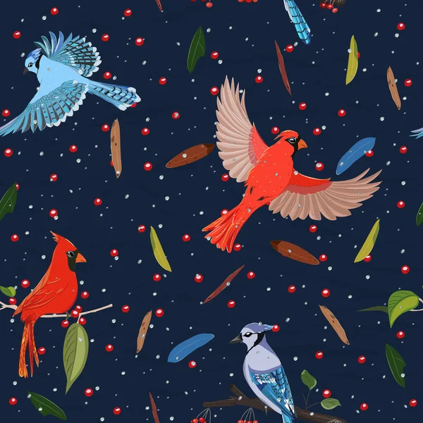 Mavi alakarga ve kırmızı kardinal kuşlarla yapılan koleksiyondaki kusursuz desen. — Stok Vektör