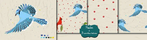 Poster and three seamless patterns from collection with blue jay and red cardinal birds. — Stock Vector