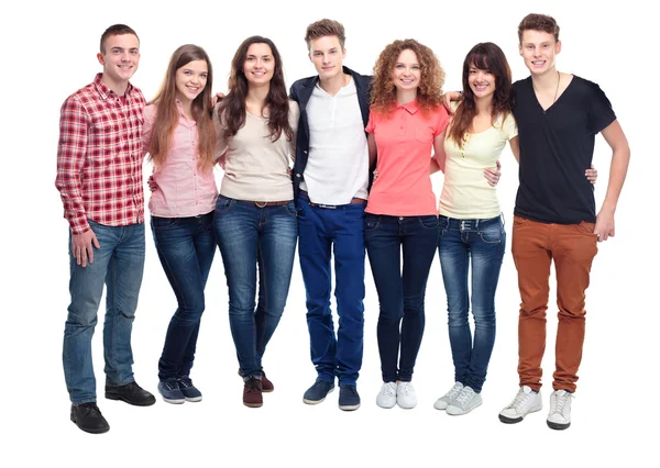 Grupo casual de amigos animados isolados em branco — Fotografia de Stock