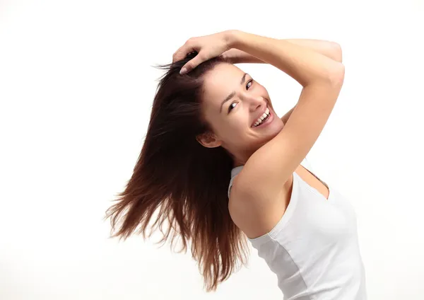 Retrato de uma bela jovem com cabelo voando — Fotografia de Stock