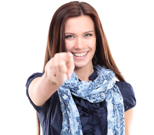 Beautiful young woman pointing to somewhere, isolated over a white background — Stock Photo, Image