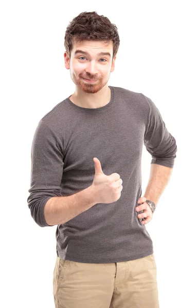 Gelukkig man met Duimschroef opwaarts gebaar, geïsoleerd op wit — Stockfoto