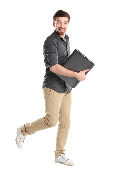 Mutlu genç adam ile üzerine beyaz izole laptop- — Stok fotoğraf