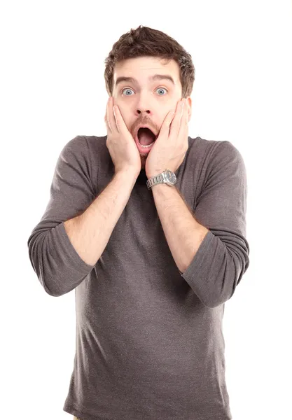 Yüzünde şok ifadesi olan genç bir adamın portresi.