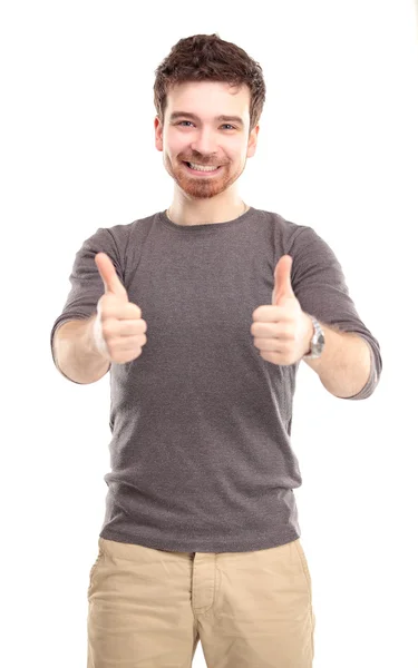 Ευτυχισμένος άνθρωπος με μπράβο χειρονομία, απομονωμένα σε λευκό — Φωτογραφία Αρχείου