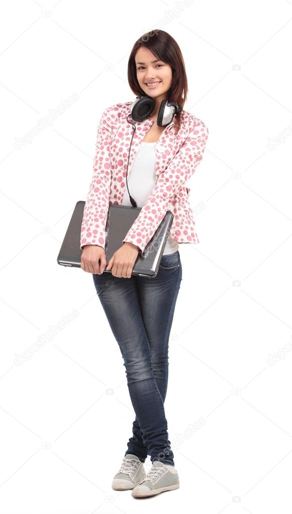 Happy smiling adult female student standing in full body length isolated on white background