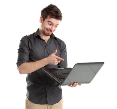 sales man laptop beyaz arka plan üzerinde sunulması