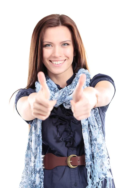 Szoros portré egy gyönyörű fiatal nőről, hüvelykujjal felfelé táblát mutat. — Stock Fotó