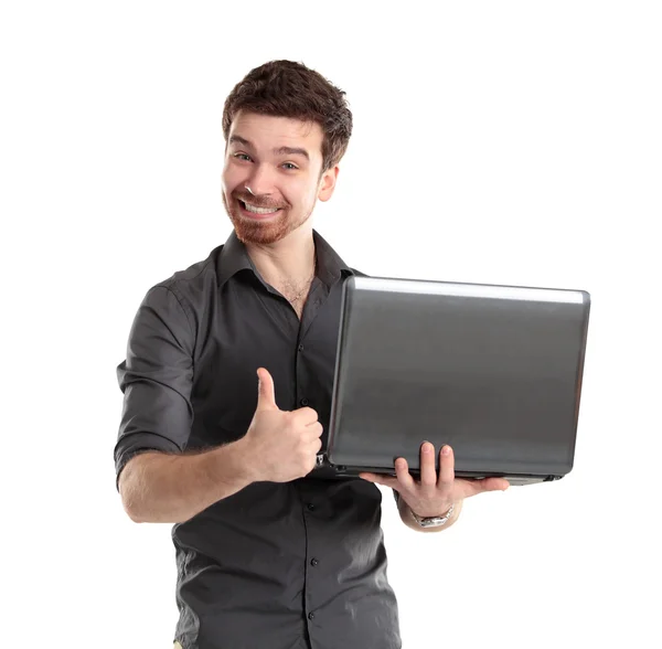 Hombre de ventas presentando portátil sobre fondo blanco — Foto de Stock