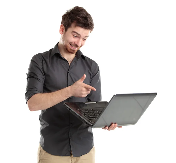 흰색 배경에 노트북을 제시 하는 판매 남자 — 스톡 사진