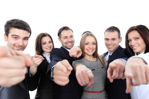 Feliz grupo diverso de ejecutivos todos apuntando a usted — Foto de Stock