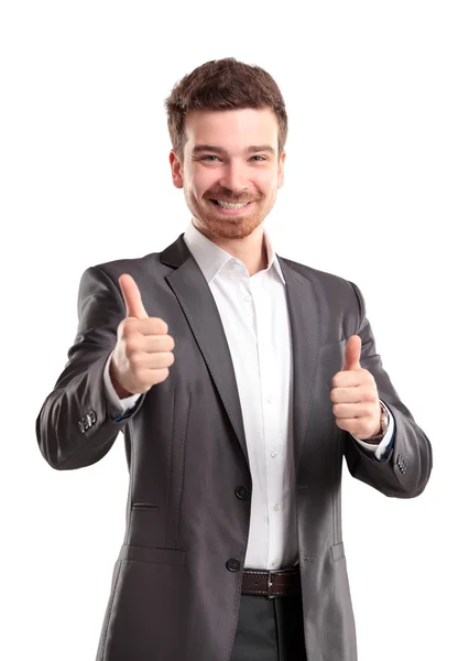 Feliz joven hombre de negocios sonriente con los pulgares hacia arriba gesto —  Fotos de Stock