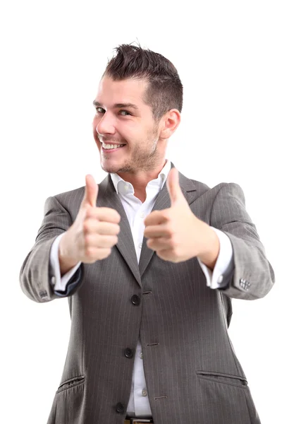 快乐的微笑着的年轻商业人与手势竖起大拇指 — 图库照片