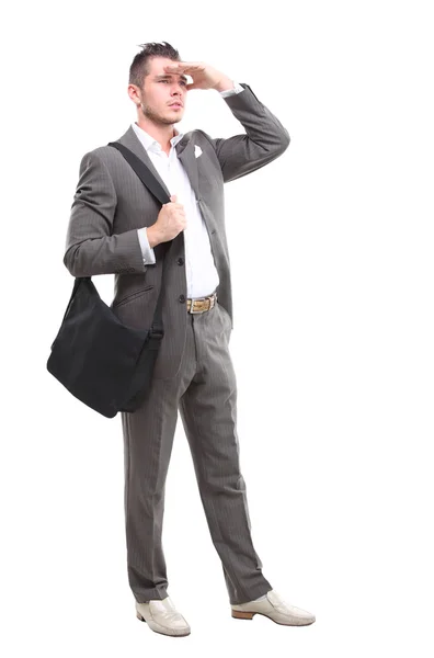 Retrato de cuerpo completo de joven feliz sonriente hombre de negocios alegre, sobre fondo blanco —  Fotos de Stock