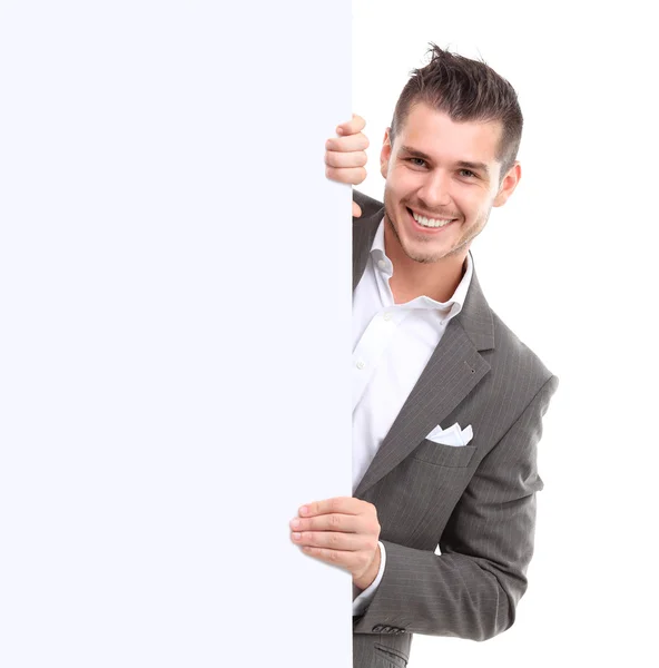 Hombre de negocios feliz presentando y mostrando con espacio de copia para su texto aislado sobre fondo blanco —  Fotos de Stock