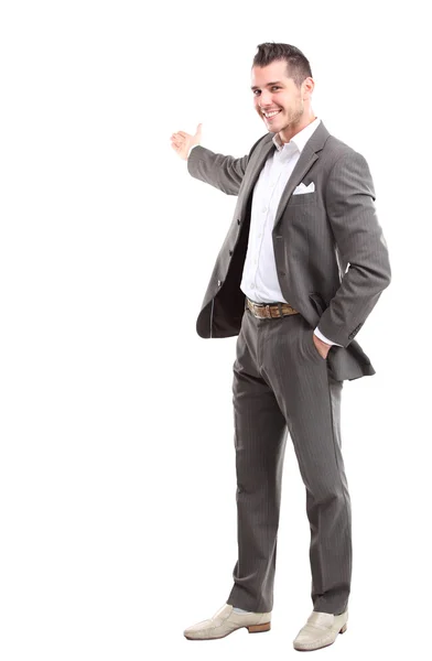 Hombre de negocios feliz presentando y mostrando con espacio de copia para su texto aislado sobre fondo blanco —  Fotos de Stock