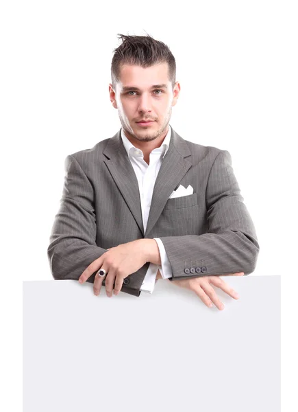 Hombre de negocios feliz presentando y mostrando con espacio de copia para su texto aislado sobre fondo blanco — Foto de Stock