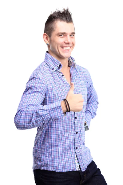 Happy man with thumbs up gesture, isolated on white — Stock Photo, Image