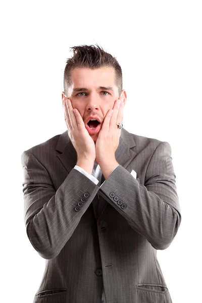 Retrato de un joven con expresión facial impactada, aislado sobre fondo blanco —  Fotos de Stock