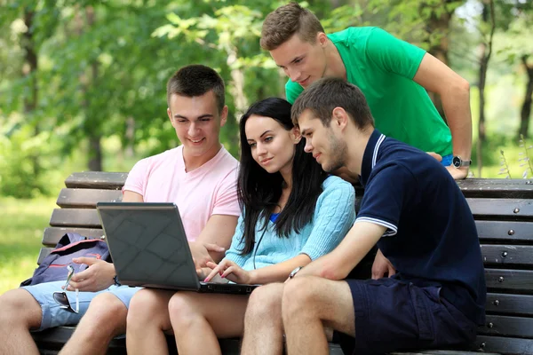 Quatro estudantes sorrindo estudando no parque verde — Fotografia de Stock