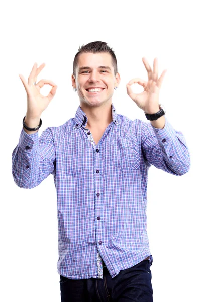 Hombre feliz con los pulgares hacia arriba gesto — Foto de Stock