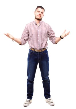 Closeup portrait of angry unhappy young man, arms out asking what's the problem who cares so what, I don't know. Isolated on white background. Negative human emotion facial expression clipart