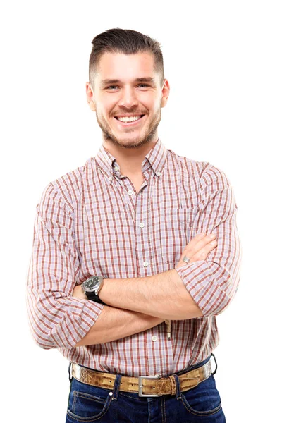 Casual young man looking at camera with arms crossed and satisfaction — Stock Photo, Image