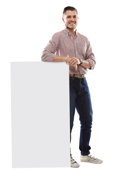 Homem de negócios feliz apresentando e mostrando com espaço de cópia para o seu texto isolado no fundo branco — Fotografia de Stock