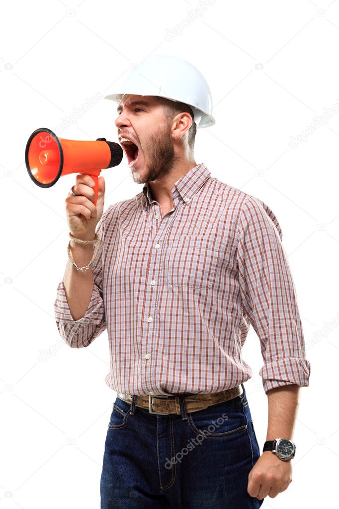 Business man shouting using megaphone isolated on white background