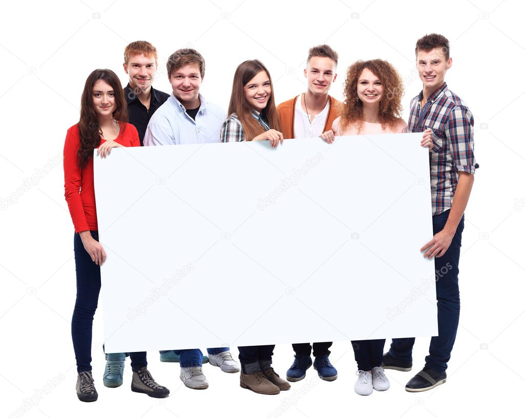 Friends holding banner