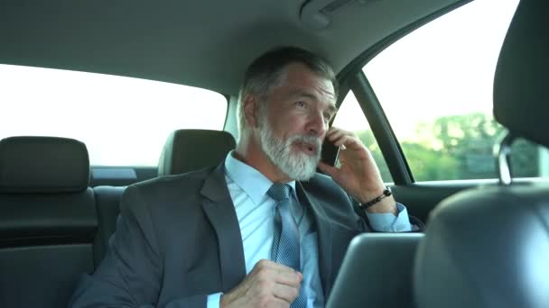 Впевнений бізнесмен розмовляє по телефону під час подорожі автомобілем бізнес-класу або в його елегантному дорогому автомобілі під час їзди власним водієм — стокове відео