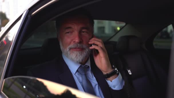 Omul de afaceri încrezător vorbind la telefon în timp ce călătorește cu mașina Business Class sau cu mașina sa elegantă scumpă în timp ce călătorește cu șoferul său — Videoclip de stoc