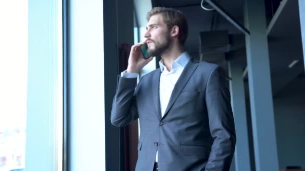 Bonito homem de negócios falando no smartphone no corredor no escritório moderno — Vídeo de Stock