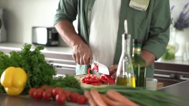 Homem feliz maduro preparando comida saudável em casa, cortando salada de legumes frescos em pé no interior da cozinha moderna. — Vídeo de Stock