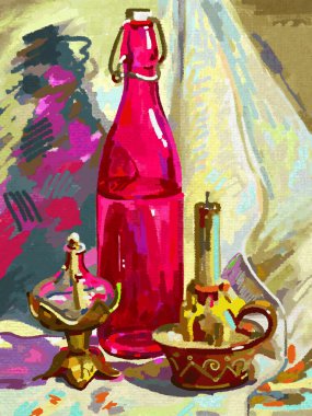 Original digital still life with a bottle, candle and candlesti clipart