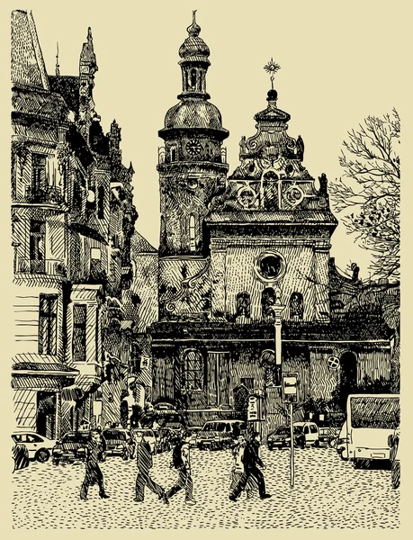 Dibujo original hecho a mano de Lviv — Archivo Imágenes Vectoriales