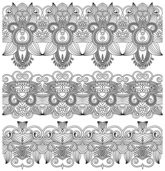 Black and white collection of seamless ornamental floral stripes — Stock Vector