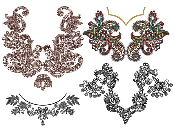 Colección de flores ornamentales escote bordado moda — Vector de stock