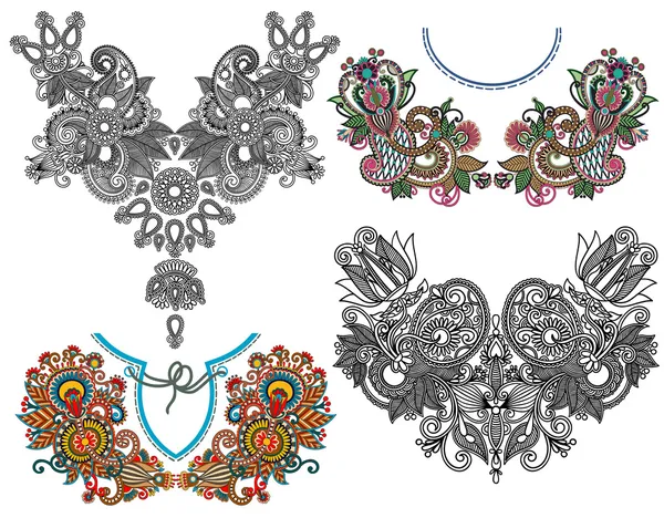 Coleção de decote floral ornamental moda bordado — Vetor de Stock