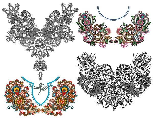 Colección de flores ornamentales escote bordado moda — Vector de stock