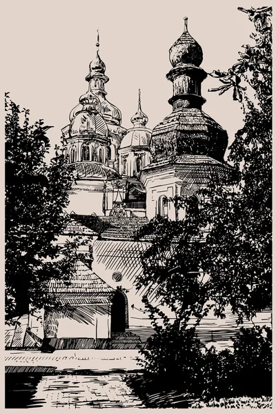 Cyfrowy rysunek Ukraiński Kościół, Grawerowanie stylu. Kijów, miha — Wektor stockowy