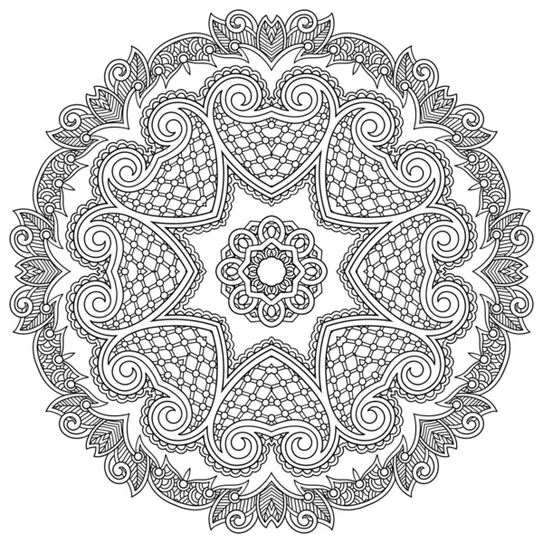 Adorno de círculo, encaje redondo ornamental blanco y negro — Vector de stock