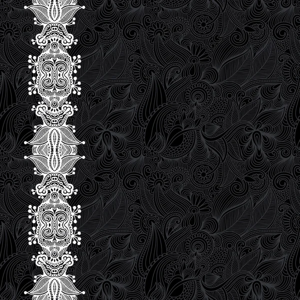 Fondo floral adornado blanco y negro con franja de adorno — Vector de stock