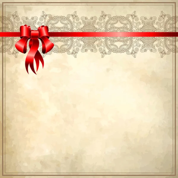 Holiday background with red ribbon on old paper — Stock Vector